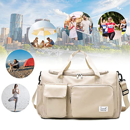 Suruid Gym Bag with Shoe Compartment, Sports Duffle Bag for Women, White - color: White