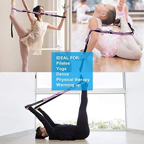 A AZURELIFE Half-Elastic Stretch Straps with 11 Loops, Stretching Strap for Physical Therapy, Multi-Loop Yoga Strap Fitness Exercise Strap for Yoga, Pilates, Dance, Flexibility&Exercise - color: Half Elastic-Purple