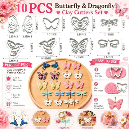 10PCS Butterfly Dragonfly Hummingbird Clay Cutters for Jewelry | Polymer Clay Cutters Set with Embossed Designs for Earrings, Pendants, Charms, Keychains and DIY Crafts - color: Butterfly & Dragonfly
