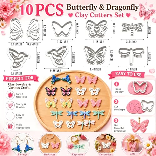 10PCS Butterfly Dragonfly Hummingbird Clay Cutters for Jewelry | Polymer Clay Cutters Set with Embossed Designs for Earrings, Pendants, Charms, Keychains and DIY Crafts - color: Butterfly & Dragonfly