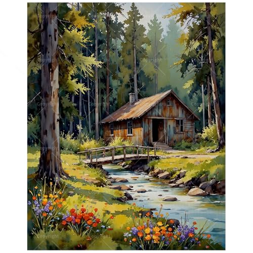 Rustic Landscape Paint by Numbers Kit for Adults - DIY Forest Cabin and Creek with Flowers Painting on Canvas, Acrylic Paint Set, Suitable for Beginners, Art for Home Decor or Gifts(16X20IN Framed) - color: HSX02090, size: 16X20IN Framed