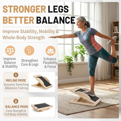 3-in-1 Wooden Slant Board, Calf Stretcher & Balance Board | Adjustable 5-level wooden slant board & wobble board for squats, physical therapy, calf stretching & balance training.