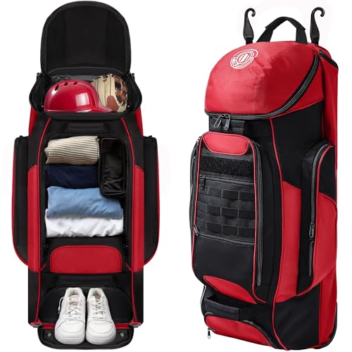 Shopsource Catchers Gear Bag with Wheels, Rolling Baseball Softball Bag with 4 Bat Sleeves, Fence-Hooks, Separate Shoe Compartments and Multi-Pockets, Sturdy Back Base Plate