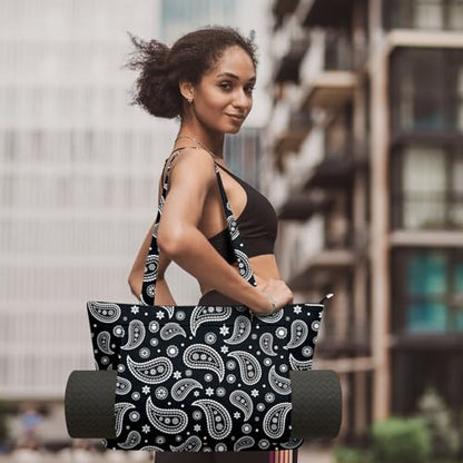 Yoga Bag for Women, Large Canvas Yoga Mat Tote Bag with Yoga Mat Carrier | Large Mat Pocket Fitness Tote for Pilates, Gym, Travel, Office & Beach - color: Black Paisley