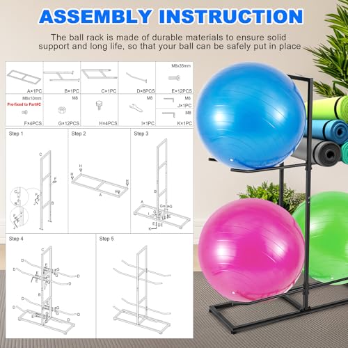 Blulu Exercise Ball Holder, Stability Ball Rack, Exercise Ball Storage Racks Suitable for Yoga Ball Stability Ball Yoga Mats Home and Commercial Gym