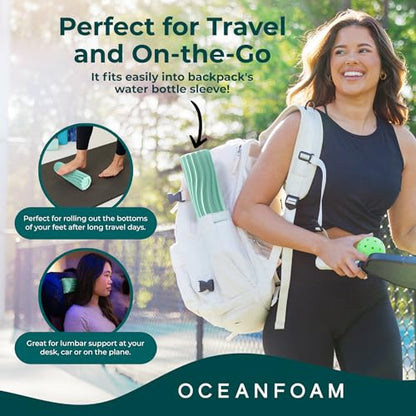 Oceanfoam Ripple Travel Foam Roller (11" x 3.35") Firm Mini Foam Roller for Physical Therapy, Deep Tissue Massage, Back Pain - High Density, Ergonomic Wave Textured - Yoga, Pilates, Exercise (Seafoam) - color: Seafoam