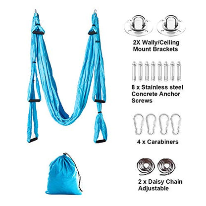 Aerial Trapeze Yoga Hammock Kit - Ultra Strong Antigravity Yoga Flying Sling Inversion Swing Tool Set - color: Blue