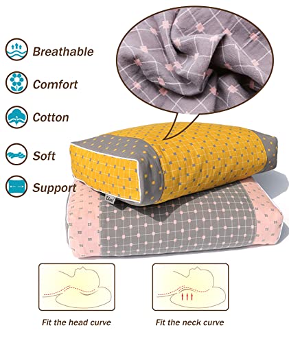 Upgraded Buckwheat Neck Pillows, Buckwheat Hull Pillow for Pain Relief, Pillow Cube for Sleeping with Zipper Washable Cotton Cover, Neck Support Meditation Cushion (18x10 Inch, Grey&Pink)