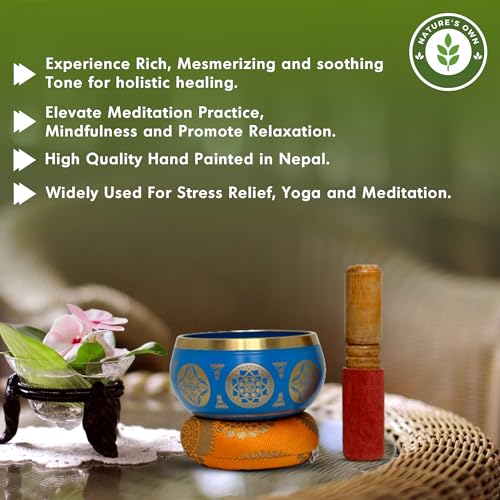 Nature's Own Tibetan Singing Bowl Set- Easy to Play- Meditation Sound Bowl Handcrafted in Nepal for Yoga, Mindfulness, Chakra Healing, Stress Relief- Spiritual Gifts for Women and Men (3.5 Inch, Blue) - color: Blue