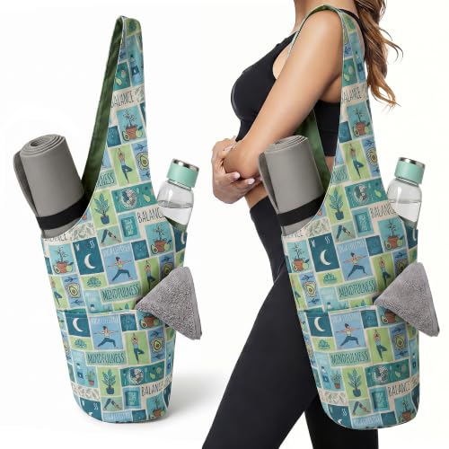 CosInStyle Heavy Duty Cotton Canvas Yoga Bag with Multi-Pocket Organizer, Large Capacity Gym Sports Bags, With 2 Bonus Mat Straps - color: Green Yoga Style