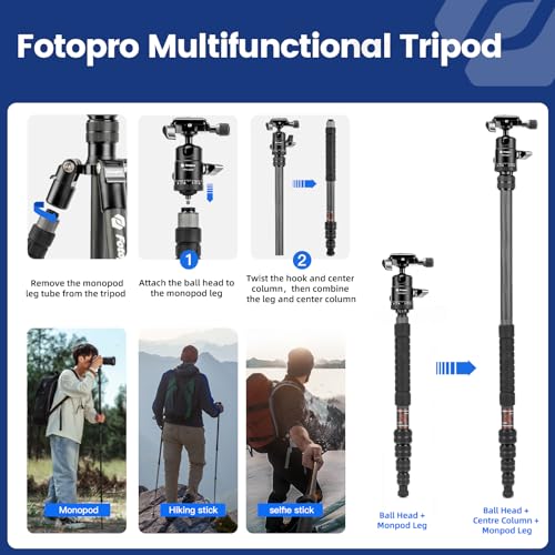 Fotopro 60" Carbon Fiber Travel Tripod for Camera, 2.0lb Ultra-Light, Flexible Center Axis, 360° Pan/Tilt Ball, Arca QR Plate, Max Load 13.6lb - color: Black, size: 62" Basic (Carbon Fiber)