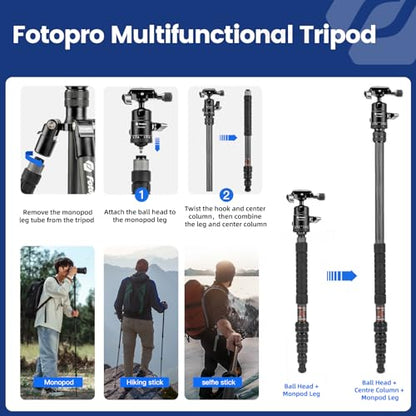 Fotopro 60" Carbon Fiber Travel Tripod for Camera, 2.0lb Ultra-Light, Flexible Center Axis, 360° Pan/Tilt Ball, Arca QR Plate, Max Load 13.6lb - color: Black, size: 62" Basic (Carbon Fiber)