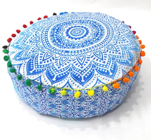 INDIAN CRAFT CASTLE ICC Mandala Barmeri Large Floor Pillow Cover Cushion Meditation Seating Ottoman Throw Cover Hippie Decorative Zipped Bohemian Pouf Ottoman Cases Blue Ombre 16" Round - color: Blue and White, size: 16"D x 16"W x 5"H