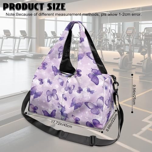 Gym Bag with Yoga Mat Holder Large Tote Bag With Multi Pockets for Women Men Dry Wet Separated Pocket Carryall Yoga Tote Bag for Pilates Travel Workout Office - color: Purple Butterfly
