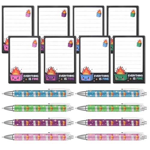 Dumpster On Fire Desk Accessories - It's Fine I'm Fine Everything is Fine | 8 PCS Cute Sticky Notes + 8PCS Ballpoint Pens, Memo Notes Funny Office Gifts for Women Men Coworkers - color: 8pcs Pen+note
