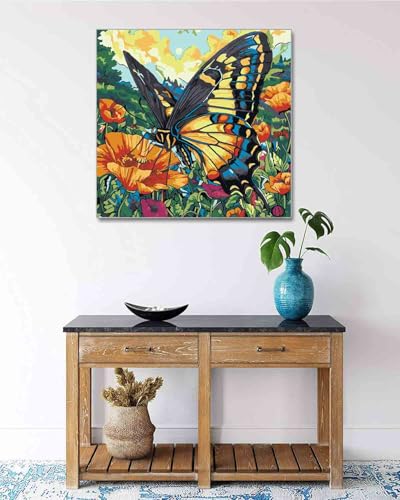 TOCARE Framed Paint by Numbers Kit for Adults & Kids Ages 8-12, 12x12Inch Colorful Butterfly Paint by Numbers with Frame, Flower Paint by Number Framed Canvas for Animal Lovers (Without Easel) - color: TC-F-368