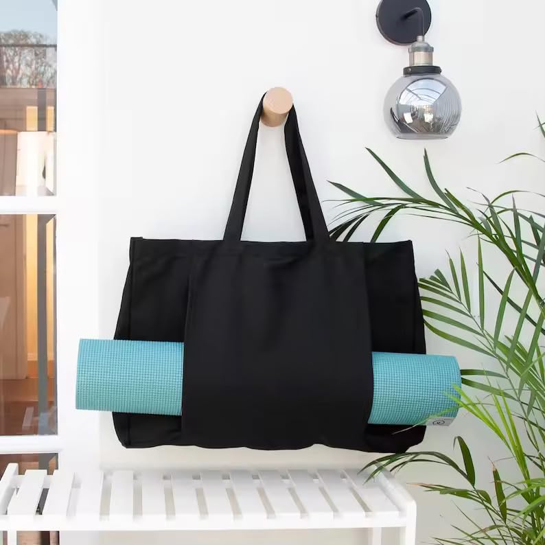 Yoga Canvas Tote Bag, Large Capacity, Sturdy Multifunctional, Shoulder Bag with Mat Carrier, Pockets - color: White