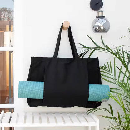Yoga Canvas Tote Bag, Large Capacity, Sturdy Multifunctional, Shoulder Bag with Mat Carrier, Pockets - color: Black