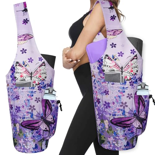 Yoga Mat Bag - Large Opening Long Tote Yoga Mat Carrier Holder Bag with Waterproof Wet Zipper Pocket and Drawstring Water Bottle Pocket - Yoga Bag Fit Most Size Mats - color: Butterfly