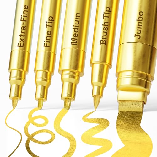 ARTISTRO Gold Paint Pens - Various Tips - Set of 5 | Acrylic Paint Markers, Water-Based, For Rock, Glass, Ceramic, Wood, Tire, Fabric, Metal, Canvas, Marking, Painting - color: Gold, style: Different Tips