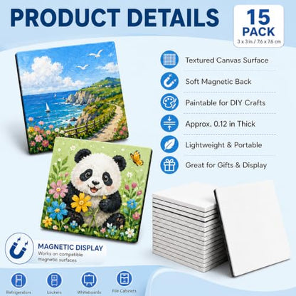 15 Pack 3 Inch Square Mini Magnetic Canvas Boards for Painting | 15 mini square canvases with soft magnetic backs for painting, refrigerator display, classroom crafts, and handmade gifts. - style: Square-15pcs