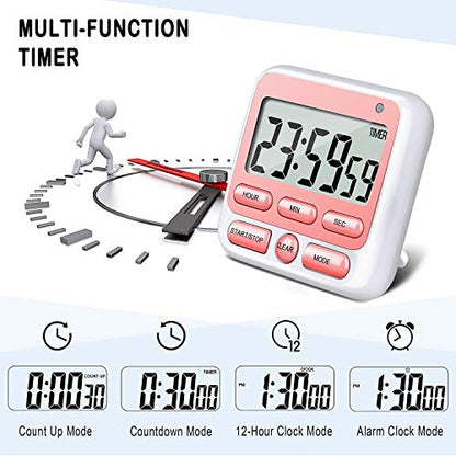 4-in-1 Digital Timer with Count Up/Down, Clock & Alarm, Ring & Silent Modes - color: Pink