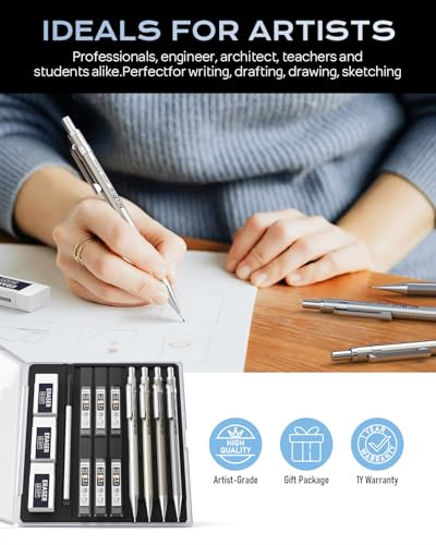 Nicpro 4 Pack Mechanical Pencil 0.5 mm with Case, MB1000 Metal Mechanical Pencil Set with 6 Tube HB #2 Lead Refill 0.5mm, 3PCS 4B Eraser, 9 Cap Eraser for Artist Drafting Writing, Sketching, Drawing | 6 Tube HB #2 Lead Refill 0.5mm, 3PCS 4B Eraser, 9 Cap