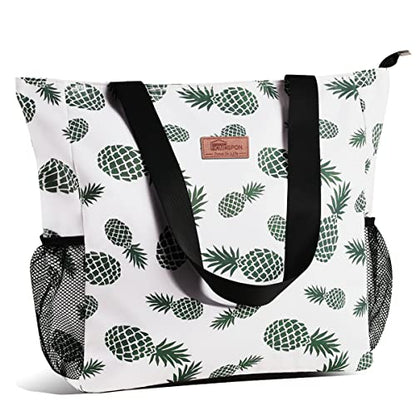 Buringer Large Waterproof Beach Bag for Women Sandproof Tote Bag with Zipper and Pockets Pool Bag for Travel Gym Vacation - color: Pineapple