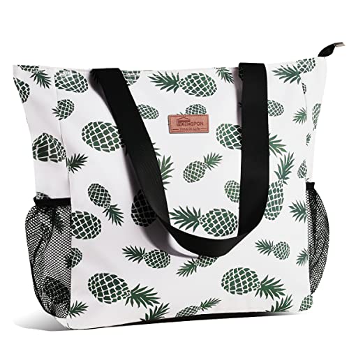 Buringer Large Waterproof Beach Bag for Women Sandproof Tote Bag with Zipper and Pockets Pool Bag for Travel Gym Vacation - color: Pineapple