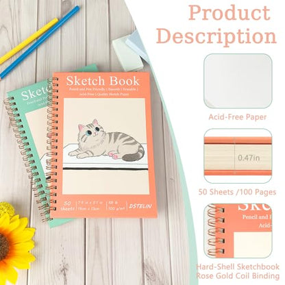 DSTELIN 2 Pack Mini Sketch Books, 7.5 x 5.1 Inch, Spiral Bound with Hard Cover, 50 Sheets per Pad,100gsm, Ideal for Sketching and Mixed Media Creations