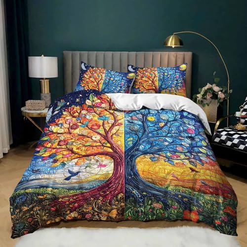 AILONEN Blue Gold Tree of Life Duvet Cover Set King,Sun and Moon Boho Bedding Set,3 Pieces Plant Tree Quilt Cover with 2 Pillowcases - color: S-tree of Life29, size: King