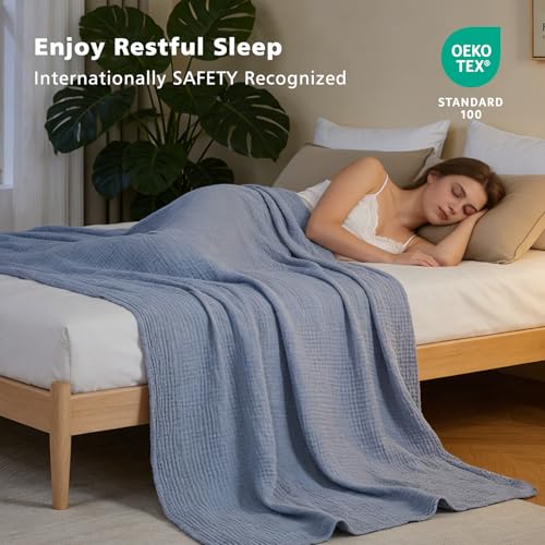 EMME Cotton Muslin Large Throw Blanket Couch Breathable Gauze Soft Lightweight Bed Blankets Adults (Heather Dusty Blue, 50"x70") - color: 07 - Dusty Blue, size: Large Throw (50" X 70")