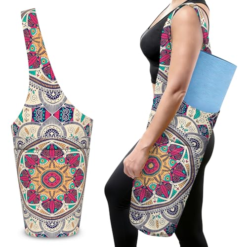 Mandala Yoga Mat Bag with Large Side Pocket and Zipper Pocket Long Tote Yoga Bags Fit Most Size Mats and Holds More Yoga Accessories - color: Beige