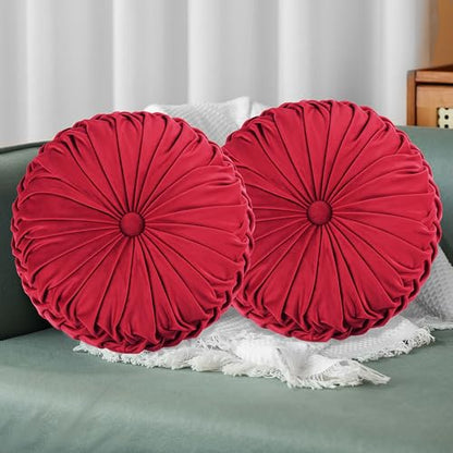 HIG Set of 2 Red Velvet Decorative Round Pleated Throw Pillows - color: Red