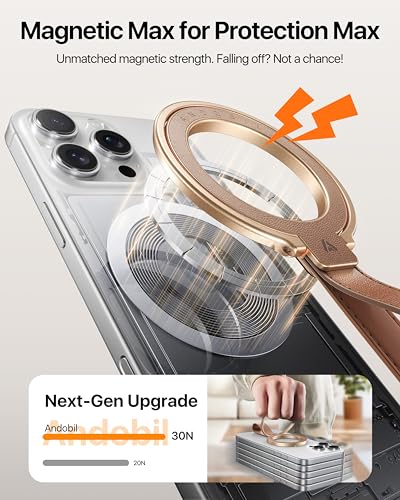 andobil 2026 Premium Leather Magnetic Phone Grip Holder for MagSafe, Stable | [Longest Durable] Adjustable Magnetic Phone Ring Kickstand w/Leather Loop MagSafe Accessories for iPhone 12-17 Series, Brown - color: brown