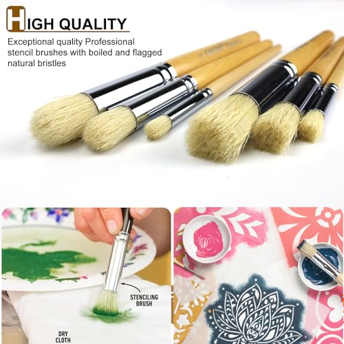 Stencil Brush Set, 6Pcs Natural Hog Bristle Stencil Brushes for Painting | stencil brushes with flat and dome hog bristles for stenciling, chalk paint, wax, wood signs, furniture, walls and DIY crafts