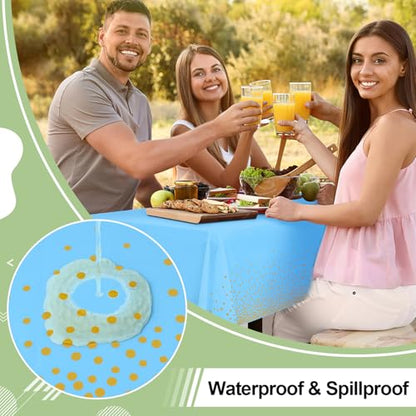 3 Packs Dot Disposable Table Cloth, 54 x 108 Inch Waterproof Plastic Tablecloth, Rectangle Gold Dots in Light Blue Table Covers for Picnic, Birthday, Party and Back to School - color: Gold in Light Blue, size: 54" x 108"