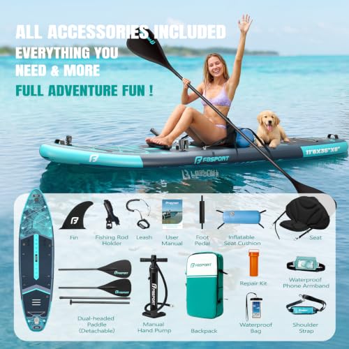 FBSPORT 11' Premium Stand Up Paddle Board, Yoga Board with SUP Accessories & Carry Bag | Wide Stance, Surf Control, Non-Slip Deck, Leash, Paddle and Pump for Youth & Adult - color: Blue Teal