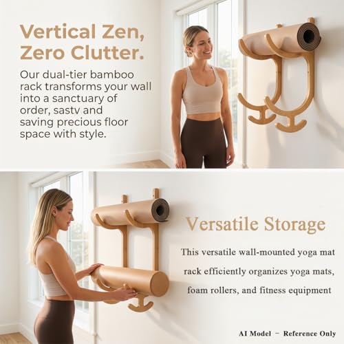 Wooden Yoga Mat Holder Wall Mount with 4 Hooks