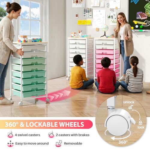 Goovilla Rolling Cart with 8 Drawers for Art, Dorm, Office, Craft, White | Utility Cart Organizer With 8 Removable Drawers and Wooden Tabletop, Lockable Rolling Storage Organizer for Classroom, Home - size: White