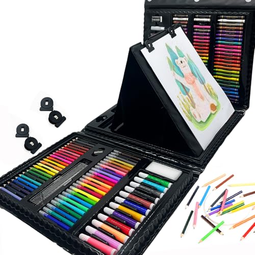 DLUCKY 208 PCS Art Supplies Drawing Art Kit Adults for Kids Art Set,Black | with Double Sided Trifold Easel, Oil Pastels, Crayons, Colored Pencils, Watercolor Pens Gift for Girls Boys Artist - color: BLACK