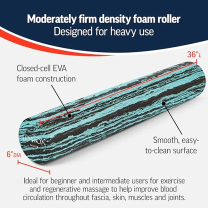 OPTP Lo Rox Foam Roller – Moderately Firm Density, Round, Teal, 36" x 6" | From fascia and alignment expert Lauren Roxburgh, foam roller for exercise, self-massage & muscle recovery, moderately firm