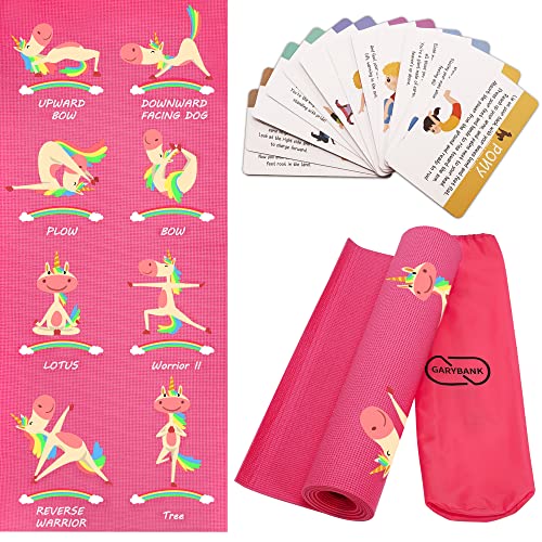 Garybank Kids Yoga Mat Set - Non-slip Exercise Mats with Fun Prints - 12 Yoga Cards - Carrier Bag - Odor Free Non-Toxic, Cute Yoga Mat for Girls & Boys (60 X 24 X 0.2 Inch)