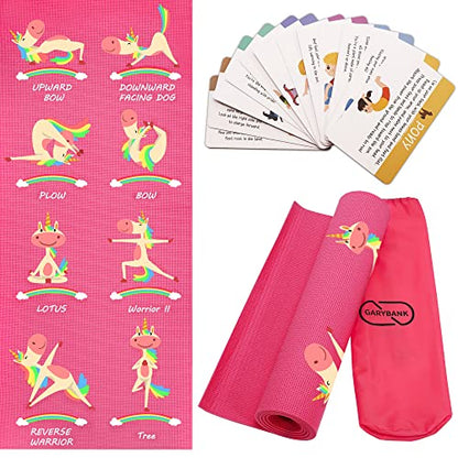 Garybank Kids Yoga Mat Set - Non-slip Exercise Mats with Fun Prints - 12 Yoga Cards - Carrier Bag - Odor Free Non-Toxic, Cute Yoga Mat for Girls & Boys (60 X 24 X 0.2 Inch)