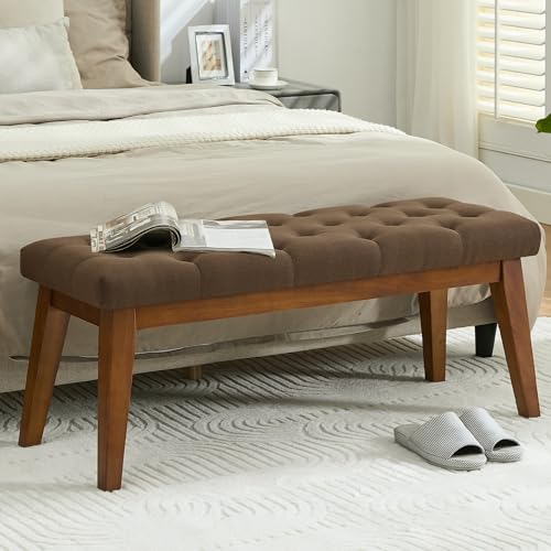 WUTUTUEE 43.5'' Linen Bedroom Bench, Upholstered End of Bed Bench with Tufted Button, Padded Vintage Dining Bench, Entryway Bench with Solid Wood Legs, Kitchen, Living Room, Hallway, Brown Tufted - color: Brown-linen-tufted