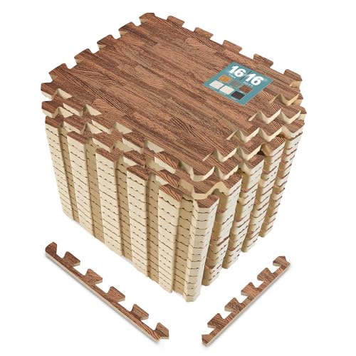 Sorbus Wood Grain Foam Floor Tiles (16 Tiles, 16 Sq Ft, Brown) | Interlocking mats for basement flooring; each tile covers 1 square foot and is 3/8-inch thick for home, office or playroom. - color: Brown