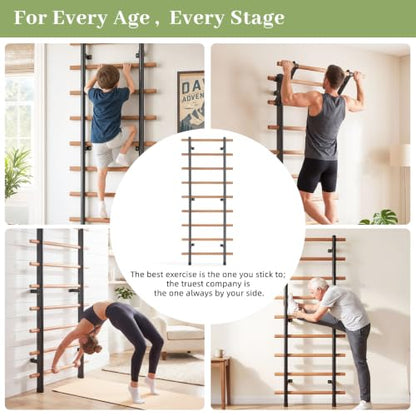 DHT Wood Stall Bar, Swedish Ladder Suspension Trainer with 9 Strategic Rods, for Home, Gym, School and Clinics, Black - color: WA2