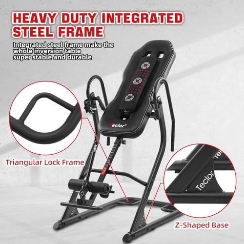 Teclor Inversion Table,Advanced Heat and Massage Function,Strength Training Inversion Table for Back Pain Relief,350 lbs Capacity with Thickened 3D Memory Foam backrest,Black