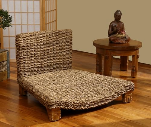 Serenity Meditation Floor Chair with Seagrass Woven Seat and Solid Mangowood Frame, Cushioned Seat, Wooden Legs, Natural Finish (Cream) - color: Cream
