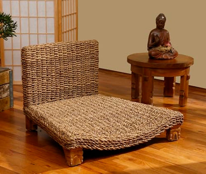 Serenity Meditation Floor Chair with Seagrass Woven Seat and Solid Mangowood Frame, Cushioned Seat, Wooden Legs, Natural Finish (Cream) - color: Cream